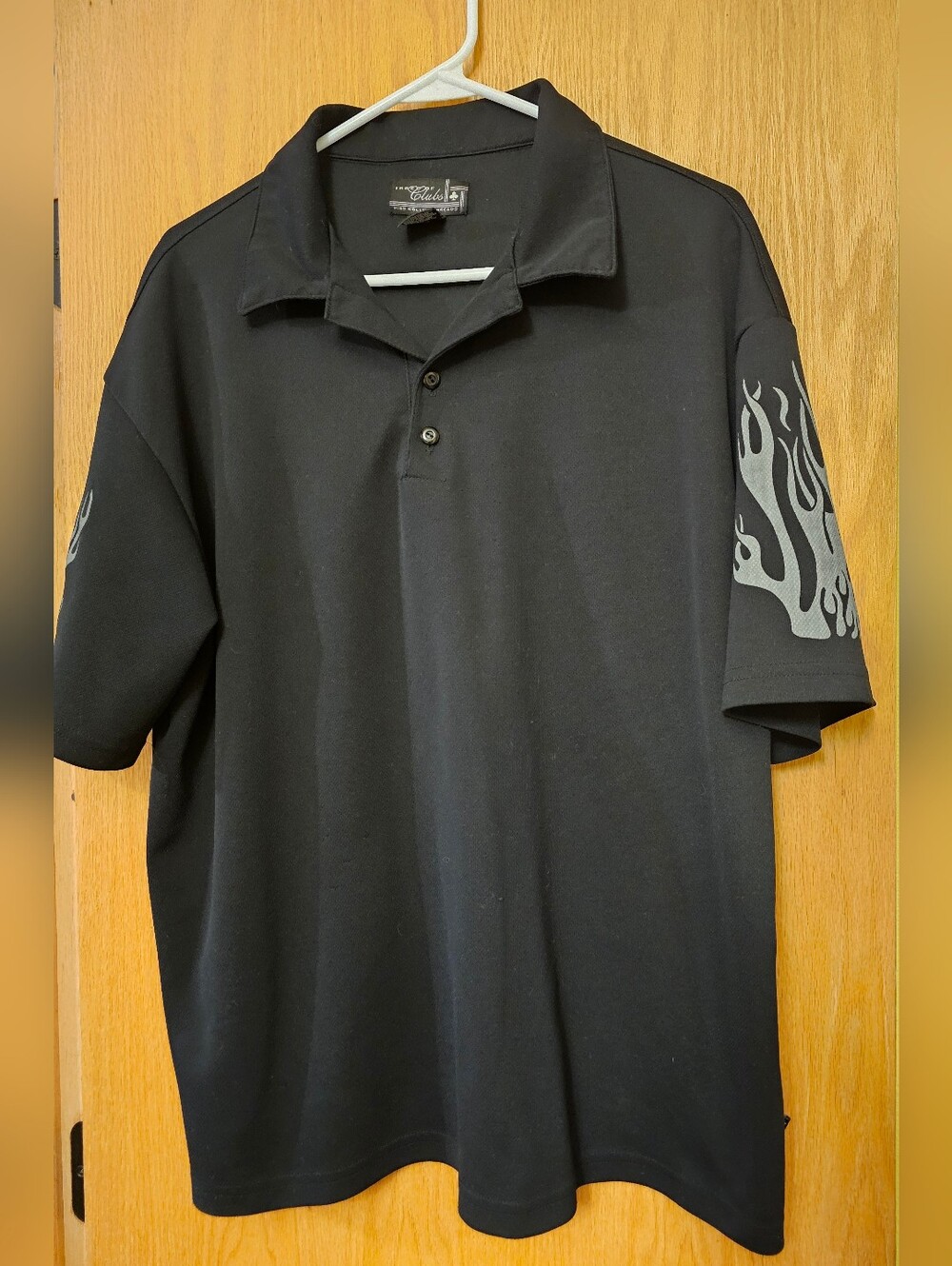 Vintage Three of Clubs Flame Sleeve Polo Shirt L Black Y2K Biker Streetwear